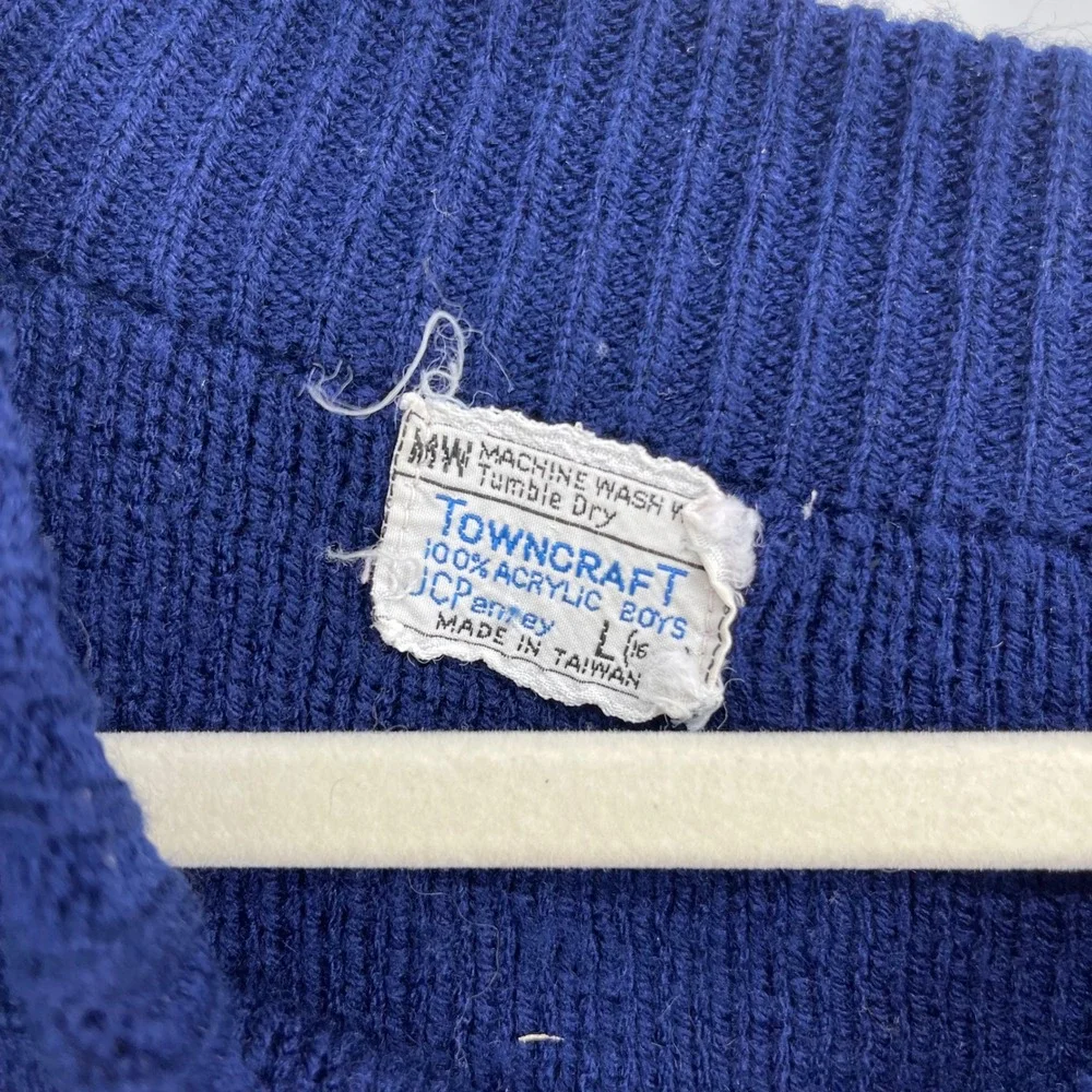 Vintage JCPenney Boys Acrylic Sweater‎ Blue White Geometric Size L Christmas